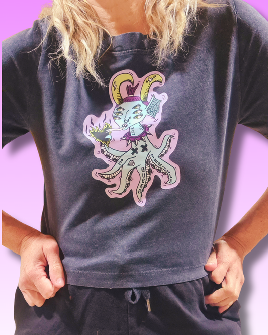 QT Creature Stonewash Black Crop | Full Colour Print